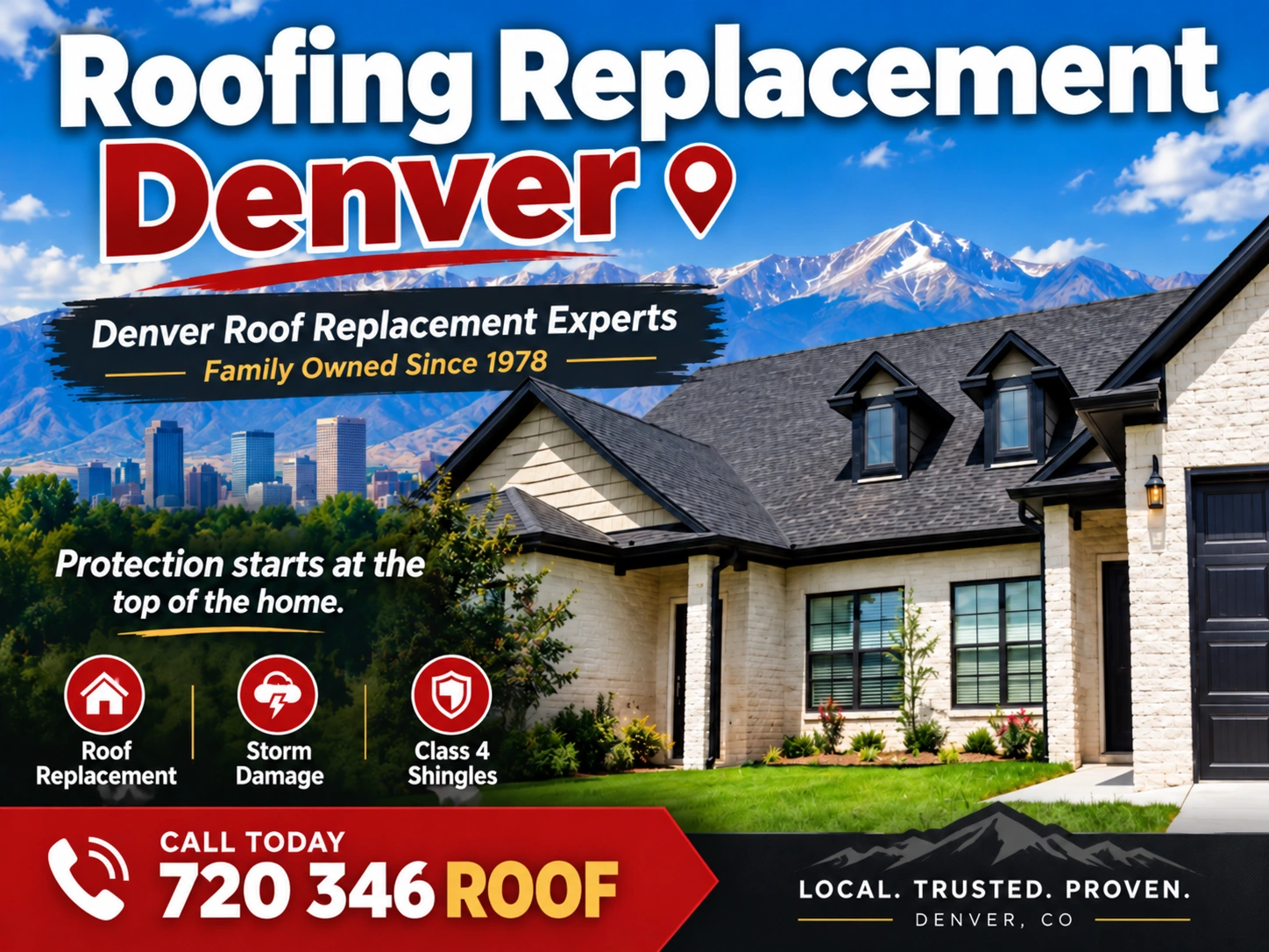 Roofing Replacement Denver by Ernie's Roofing featuring a Colorado residential home with architectural asphalt shingles, Class 4 impact-resistant roof options, and Denver roof replacement education.